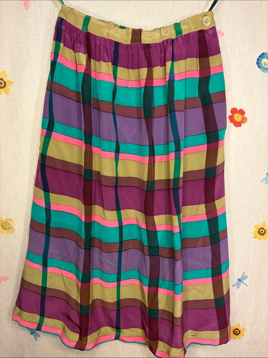 Argenti Dresses & Skirts - Vintage Argenti - 100% Silk Turquoise Purple Pink SandPlaid Midi Skirt w/Pockets